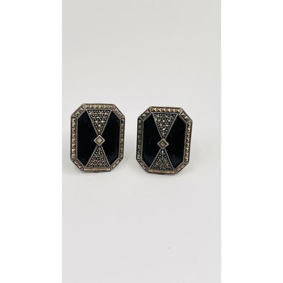 *JUDITH JACK, STERLING SILVER, MARCASITE BLACK ONYX OMEGA BACK EARRINGS, LARGE - Picture 1 of 3